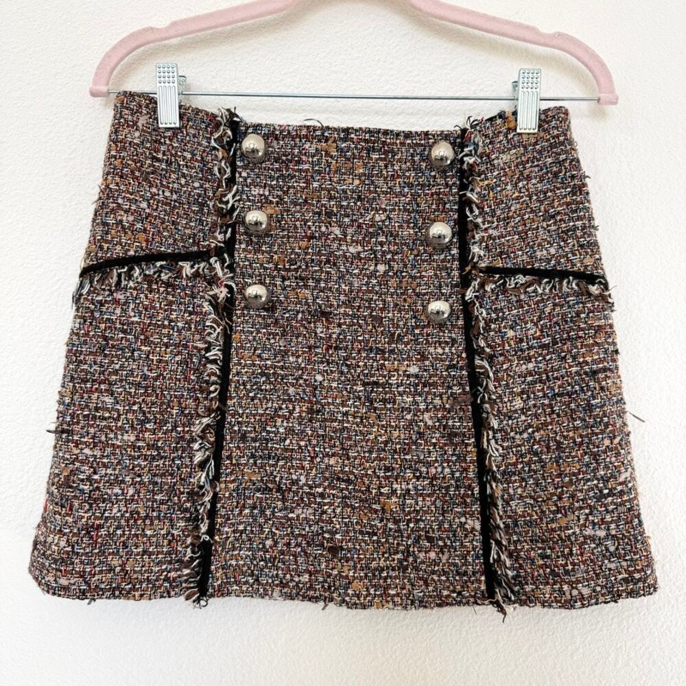 VERONICA BEARD Tweed Mini Skirt Fringe Button Detail Lined Designer‎ US 6